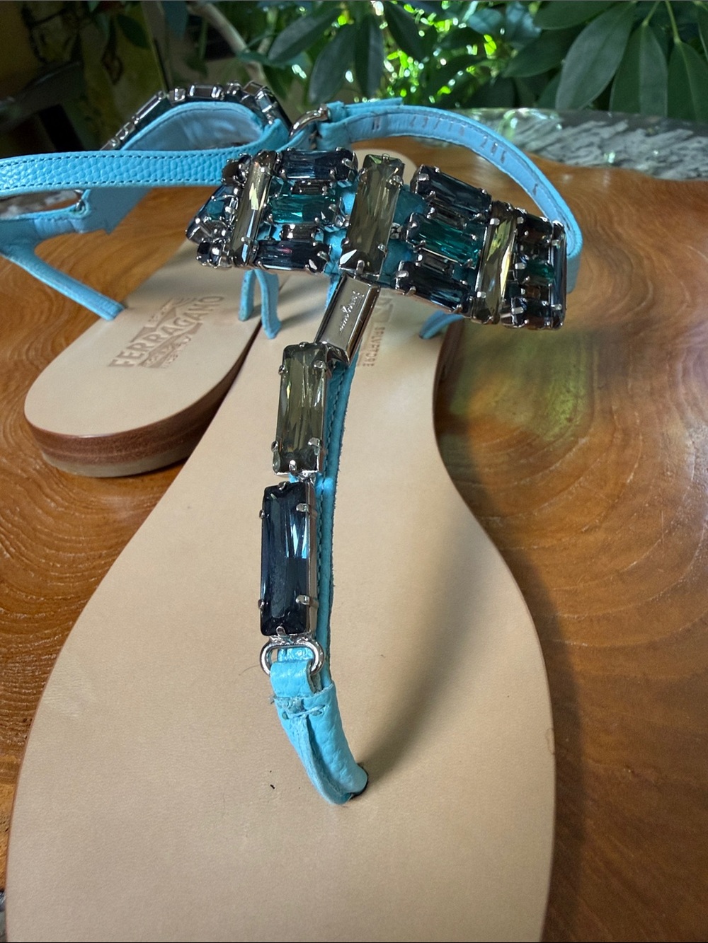 Salvatore Ferragamo Turquoise Jeweled T‑Strap Leather Sandals